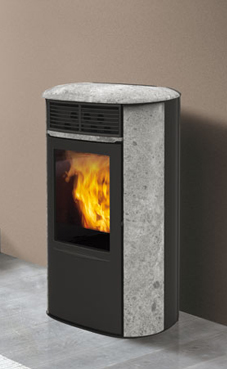 EDILKAMIN modelo ARIS PLUS piedra natural de 8 Kw. Fuego de acero y fundición, slida de humos macho  Ø 8 cm.posterior y superior. Panel sinóptico, programación diaria/semanal. Canalizable en otro local (kit opcional)