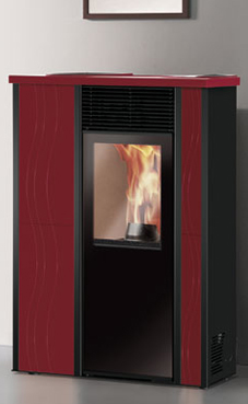 EDILKAMIN modelo MICRON de 7 Kw. Fuego de vermiculita.Panel sinóptico en el top. Salida humos macho lateral, posterior y superior. Laterales de acero negro top y frontal de cerámica burdeos o blanco crema.