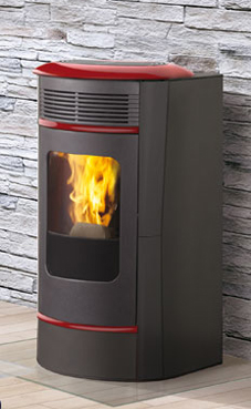 EDILKAMIN modelo SALLY  ACERO de 10 Kw. Estructura de acero, fuego de acero y fundición. Salida humos superior o posterior Ø 8 cm. Radiocomando con display en dotación. Predisposición para la canalización.