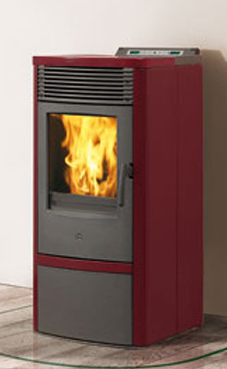 EDILKAMIN modelo MYA CRISTAL de 6,5 Kw. Calor silencioso, ideal para las casas pasivas modernas. Estructura de acero. Radiocomando con display en dotación.laterales y top de cristal negro o blanco, frontal negro.