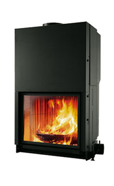 EDILKAMIN modelo CRISTAL 76 de 12 Kw tiro natural. Chimenea con puerta guillotina de cristal cerámico. Completado con: 2 salidas aire caliente. Fuego de Ecokeram®.  Salida humos hembra Ø 25 cm.