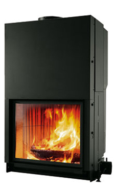 EDILKAMIN modelo CRISTAL 90 de 13 Kw tiro natural. Chimenea con puerta guillotina de cristal cerámico. Completado con: 4 salidas aire caliente.  Fuego de Ecokeram®.  Salida humos hembra Ø 25 cm.