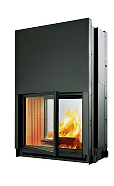 EDILKAMIN modelo DOUBLE de 12 Kw tiro natural. Fuego bifacial con puera guillotina a un lado y al otro una puerta abrible lateralmente.  Completado con: 2 salidas aire caliente.  Fuego de Ecokeram®.  Salida humos hembra Ø 25 cm