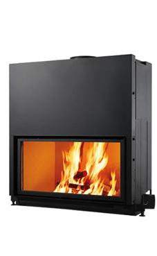 EDILKAMIN modelo FLAT 120 de 13 Kw tiro natural. Modelo de gran superficie acristalada en sentido horizontal. Fuego Ecokeram®., Salida de humos superior Ø 30 cm.hembra. Con deflector regulación manual de aire de combustión. Sistema de limpieza de cristal.