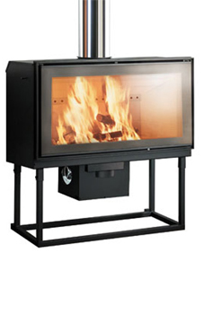 EDILKAMIN modelo SCREEN 100 V de 12 Kw. De ventilación forzada. Completado con un caballete regulable en altura. Estructura de acero y fuego de Ecokeram®, cristal vista total, con puerta abrible tanto a derecha como a izquierda