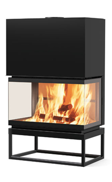 EDILKAMIN modelo SIDE 3 TRIFACIAL N de 12 Kw tiro natural Interior de refractario Puerta guillotina con cristal en 3 piezas  Completado con: 2 salidas aire caliente.  Salida humos hembra Ø 25 cm.