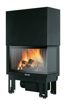 EDILKAMIN modelo TITANO PLUS V de 18,5 Kw ventilación forzada.cristal de una pieza. Interior de fundición.  Puerta guillotina con cristal cerámico visión total serigrafiado.  Completado con: 4 salidas aire caliente.Sistema de postcombustión. Salida humos 