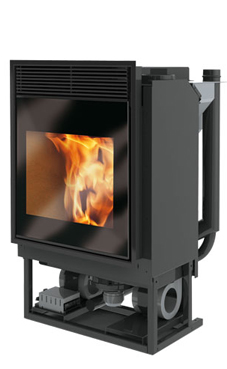EDILKAMIN modelo PELLET-BLOK  de 15 Kw.Fuego de Ecokeram con plano fuego de fundición.Cajón pellet colocado en posición frontal ergonómica: permite cargar el pellet sin el uso de ninguna escalera o taburete, también con la chimenea encendida.