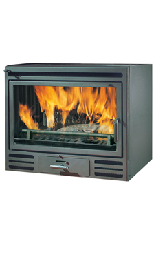 EDILKAMIN modelo RIGA 49 Frontal Cristal plano 12 Kw.ventilación forzada. Insertable a leña con frontal en acero e interior en fundición