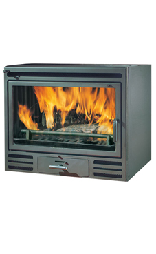 EDILKAMIN modelo RIGA 54 Cristal plano 10,5 Kw.ventilación forzada.Insertable de leña con frontal de acero e interior en fundición, puerta con perfil de acero pintado negro
