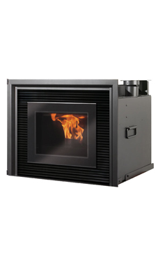 EDILKAMIN modelo INPELLET 54 de 8 Kw. Fuego completamente de fundición, frontal con reja incorporada y carga frontal del pellet. Descarga forzada vertical (Ø 8 cm).