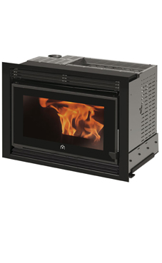 EDILKAMIN modelo PELLKAMIN de 10 Kw. Fuego de fundición, salida de humos superior de Ø 8 cm macho la carga de pellet se realiza con el insertable apagado, para poder hacerlo con el insertable encendido se precisa instalar kit opcional. Con radiocomando co