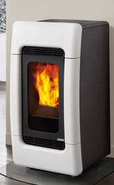 EDILKAMIN modelo MEG PIU 30 Kw cerámica (burdeos/ blanco crema /  pergamino) (Incorpora aire caliente frontal-desactivable) Con vaso de expansión cerrado incorporado, radiocomando con display.