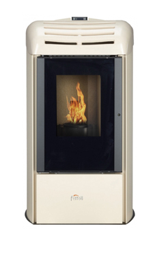 FERROLI modelo BETTER CRONO de 9,29 Kw. de poténcia, consumo 2,2 Kg/hora, volumen del depósito 22 kg. Rendimiento 95,7%, de acero con puerta superior y frontal en maiolica, para calefactar estancias de hasta 75 m2