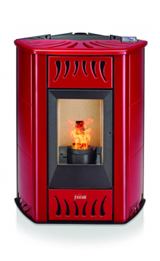 FERROLI modelo GEMA de 12,83 Kw. de poténcia, consumo 3,04 Kg/hora, volumen del depósito 22 kg. Rendimiento 95%, de acero con tapa superior y frontal en maiolica, para calefactar estancias de hasta 100 m2 (modelo de esquina)