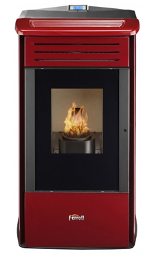 FERROLI modelo MERCURIO de 6,97 Kw. de poténcia, consumo 1,49 Kg/hora, volumen del depósito 19 kg. Rendimiento 95,7%, de acero con tapa superior y frontal en maiolica , para calefactar estancias de hasta 55 m2