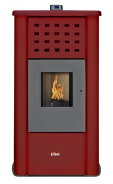 FERROLI modelo TERMO GIOVE 30 de 28,04 Kw. de poténcia, consumo 6,12 Kg/hora, volumen del depósito 48 kg. Rendimiento 95,22%, de acero con tapa superior en maiolica, para calefactar estancias de hasta 232 m2 con mando a distancia incluido.
