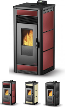 LASIAN modelo MILOS de 3,6 a 12 Kw. (hueso de oliva, pellets de olivo, pellet de madera con alto porcentaje de cenizas, cáscara de almendra triturada, etc.), calentamiento mediante aire, de 12 KW de potencia térmica máxima. Capacidad de calentamiento de 2