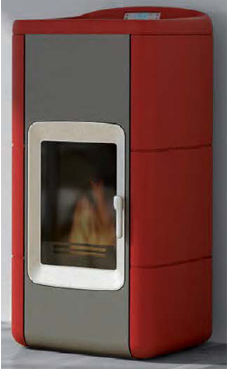 GREENHEISS modelo AIDA CERAMICA 24 Kw. Acabados marfil y rojo burdeos. Depósito de pellet de 35 Kg.con programación semanal y mando a distancia.