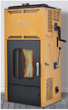 GREENHEISS modelo FIORE de 13,5 Kw.   Acabados antracita, cuero, salmon ,marfil  y rojo burdeos. Depósito de pellet de 12 Kg. Sin electricidad, estufa de tiro natural con alimentación de pellet por gravedad, la carga del quemador se debe de hacer manualme