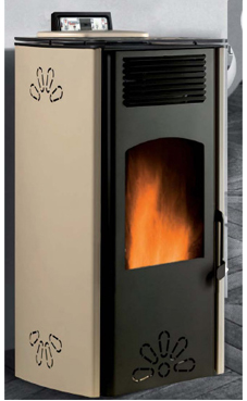 GREENHEISS modelo MARGHERITA 8,5 Kw. Acabados antracita, cuero,salmon, inoxidable ,marfil  y  rojo burdeos. Depósito de pellet de 12 Kg.con programación semanal y mando a distancia.