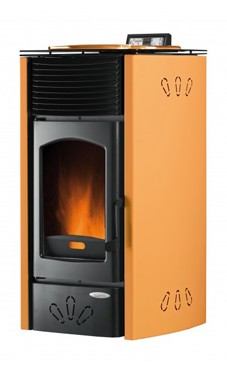 GREENHEISS modelo MARIACHIARA DELUXE  de 12 Kw.recubrimiento cerámico antirrefractario. Acabados marron ,marfil  y  rojo burdeos. Depósito de pellet de 25 Kg.con programación semanal y mando a distancia.