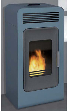 GREENHEISS modelo PRIMULA 7 Kw. Acabados azul, marron ,marfil  y  rojo burdeos. Depósito de pellet de 20 Kg.con programación semanal y mando a distancia.