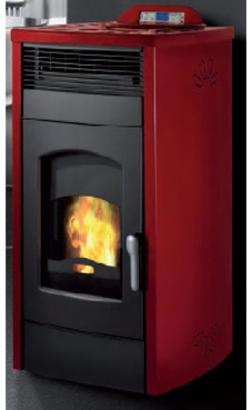 GREENHEISS modelo SILVIA PLUS de 19,5 Kw.   Acabados antracita, cuero, salmon ,marfil  y rojo burdeos. Depósito de pellet de 20 Kg. Con programador semanal y mando a distancia.