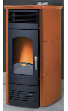 GREENHEISS modelo VALENTINA PRESTIGE CANALIZADA de 16 Kw. Recubrimiento cerámico antirrefractario. Acabados marrón ,marfil  y rojo burdeos. Depósito de pellet de 35 Kg.con programación semanal y mando a distancia.