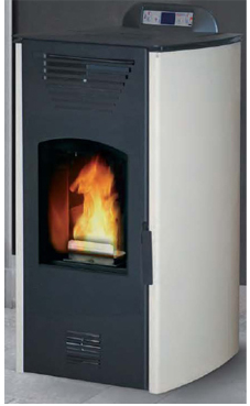 GREENHEISS modelo VIOLETTA de 8,5 Kw. Acabados antracita, cuero,salmon, inoxidable ,marfil  y  rojo burdeos. Depósito de pellet de 12 Kg.con programación semanal y mando a distancia.