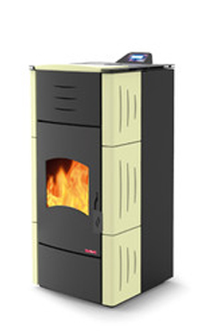 LASIAN modelo HELENS de 5,6 a 25 Kw.(pellet y policombustibles) calentamiento mediante agua, de 25 KW de potencia térmica máxima. Capacidad de calentamiento de 430 m3 (modelos en burdeos y beige) programable, con bomba, vaso de expansión, válvula de segur