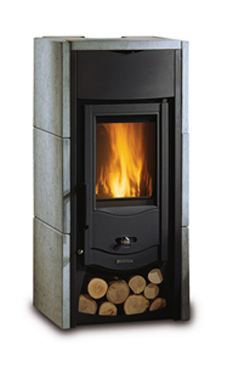 NORDICA-EXTRAFLAME modelo ASIA 6 Kw.(piedra natural) Revestimiento exterior de piedra  Puertas de hierro fundido  Cristal ceramico que resiste hasta 750°