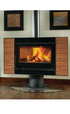 NORDICA-EXTRAFLAME modelo CARILLON 16:9 EVO 9,4 Kw. (wengué o Zebrano) Revestimiento exterior de zebrano o wenge  Base y cuerpo giratorio en el eje  Estufa que gira a 90° Cristal ceramico que resiste hasta 750°