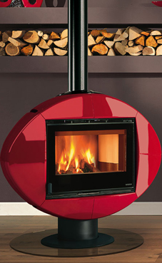 NORDICA-EXTRAFLAME modelo ELLIPSE 8 Kw. (blanca infinity o burdeos) Revestimiento de mayolica  Base y cuerpo giratorio en el eje  Estufa que gira a 90  Cristal ceramico que resiste hasta 750°