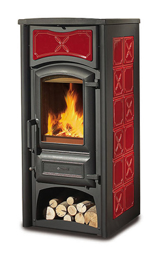 NORDICA-EXTRAFLAME modelo FIORELLA 6 Kw.(burdeos o pergamino) Revestimiento exterior de acero y mayólica Puertas de hierro fundido Cristal ceramico que resiste hasta 750°