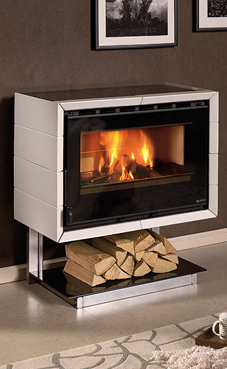 NORDICA-EXTRAFLAME modelo FLY CON SUPPORTO 8,5 Kw. (blanca infinity o negro brillante) Revestimiento exterior de mayólica  Hogar de ironker  Crystal cerámico resistente a 750°  Cajón de cenizas extraíble