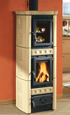 NORDICA-EXTRAFLAME modelo GAIA FORNO 6 Kw.(burdeos, pergamino o capuchino) Revestimiento exterior de mayólica Horno esmaltado Puertas de hierro fundido Cristal ceramico que resiste hasta 750°