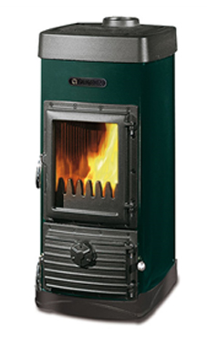 NORDICA-EXTRAFLAME modelo JUNIOR 5 Kw.(negro antracita o verde) Revestimiento exterior de acero esmaltado (mate)  Puertas y cabezal de hierro fundido  Abertura acordeón de la puerta  Sacude-rejilla accionable desde el exterior