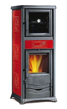 NORDICA-EXTRAFLAME modelo ROSSELLA PLUS FORNO EVO 8 Kw.(pergamino ,pedra natural o burdeos)Revestimiento exterior de piedra ollare o mayólica  Horno esmaltado  Puerta, basamento y cabezal de hierro fundido  Cristal ceramico que resiste hasta 750°C