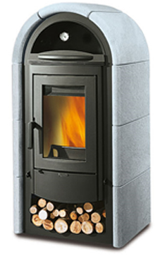 NORDICA-EXTRAFLAME modelo STEFANY CON FORNO 9 Kw.(Piedra natural) Revestimiento exterior de piedra natural Horno esmaltado extraible Cristal ceramico que resiste hasta 750°  Vano portaleña