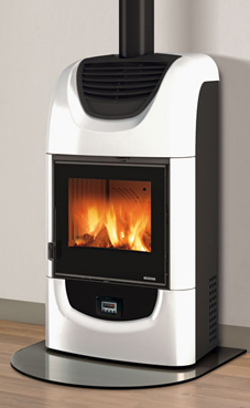 NORDICA-EXTRAFLAME modelo WANDA 9,4 Kw. (blanca infinity) Revestimiento exterior de mayólica  Estufa Calalizable Hogar en fundiciòn con post combustiòn  Hogar con llama vertical