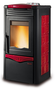 NORDICA-EXTRAFLAME modelo IRINA 3,4-10,5 Kw Revestimiento en piedra natural. Hogar en fundición extraíble. Cajón extraíble para la ceniza. Vitro cerámico resistente a 750°