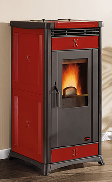 NORDICA-EXTRAFLAME modelo IRMA 3,3-11,4 Kw Revestimiento de mayólica  (pergamino o burdeos) ,Ventilación forzada , Cajón extraíble para la ceniza , Hogar en fundición extraíble , Intercambiador de calor con sistema de limpieza manual , Aspirador de humos 