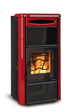 NORDICA-EXTRAFLAME modelo CLEO COMBI 6,4 Kw (estufa de pellet-leña) Revestimiento exterior de mayólica  Hogar de ironker  Crystal cerámico resistente a 750°C Burdeos