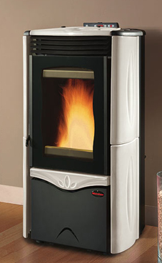 NORDICA-EXTRAFLAME modelo DUCHESSA IDRO 3-10,8 Kw Revestimiento en cerámica o de acero. Caja de la ceniza. Vitro cerámico resistente a 750°. Colores: Pergamino, burdeos o blanco.