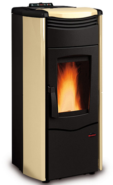 NORDICA-EXTRAFLAME modelo MELINDA IDRO STEEL 4,3-14 Kw Revestimiento en cerámica o de acero. Caja de la ceniza. Vitro cerámico resistente a 750°. Colores: pergamino y burdeos.