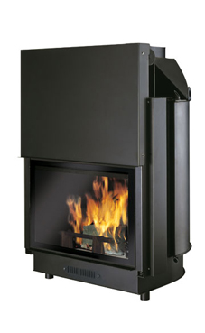 EDILKAMIN modelo ACQUATONDO PLUS 29 de 27 Kw.con cristal vista total, salida humos hembra Ø 20 cm , completado de brasero y posibilidad de asador,  fuego de acero y fundición. Revestimientos: Cordoba, Iron, Mexico, Silver.