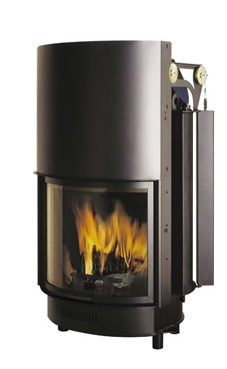 EDILKAMIN modelo ACQUATONDO CURVO 22 de 23 Kw.salida humos hembra Ø 22 cm, con reducción a Ø 20 en dotación. Completado de brasero y posibilidad de asador , fuego de acero y fundición. Revestimientos: Bahia.