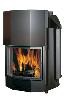 EDILKAMIN modelo ACQUATONDO PRISMÁTICO 22 de 23 Kw.salida humos hembra Ø 22 cm, con reducción a Ø 20 en dotación. Completado de brasero y posibilidad de asador , fuego de acero y fundición.