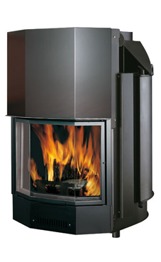 EDILKAMIN modelo ACQUATONDO PRISMÁTICO / CS 29 de 27 Kw.salida humos hembra Ø 25 cm,  serpentin y válvula de seguridad incorporados. Completado de brasero y posibilidad de asador , fuego de acero y fundición. Revestimientos: lineales.